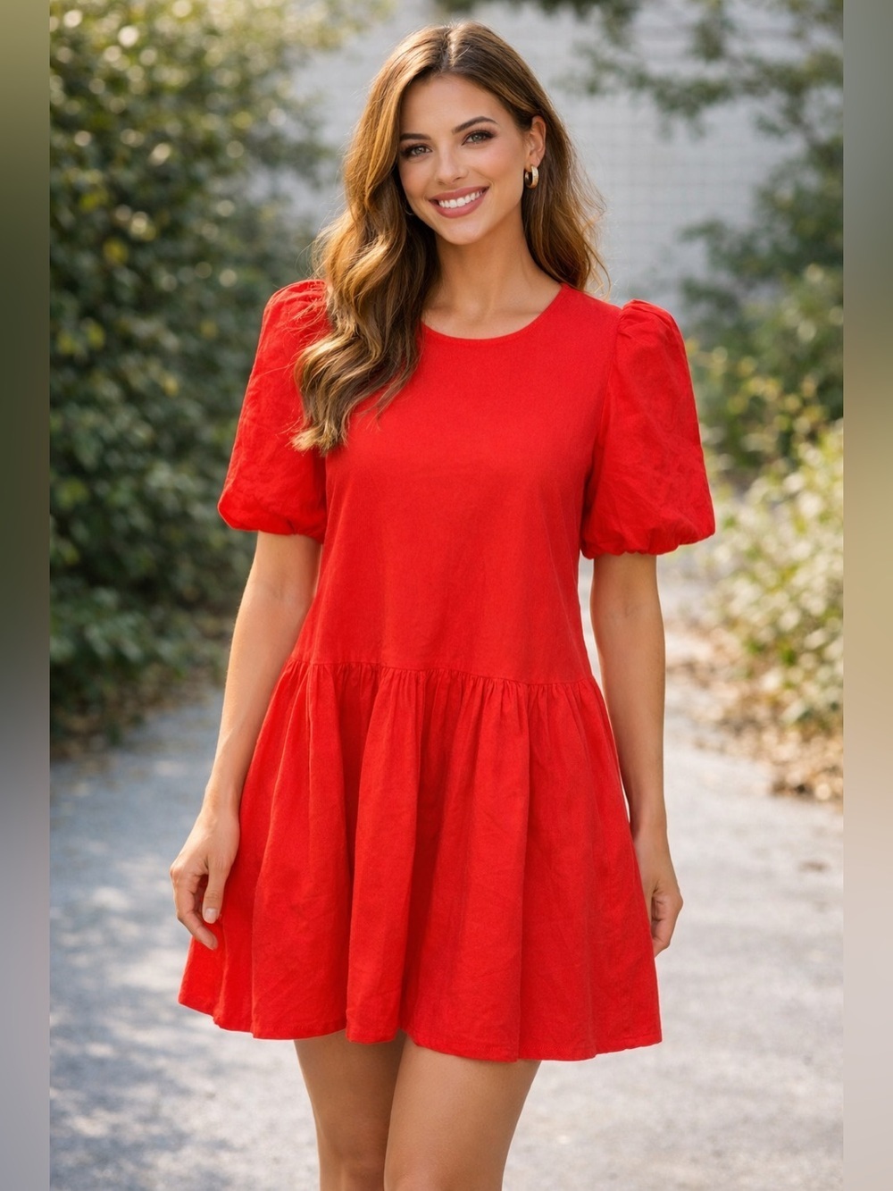 NWOT TCEC Puff Sleeve Mini Baby Doll Dress Sz L Coral Keyhole Back Country Club